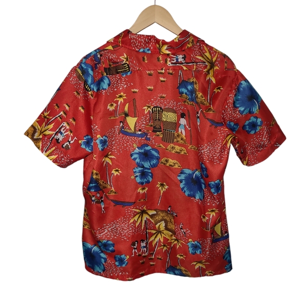 Cellini Vintage men's Hawaiian shirt size L Red Island Scenic Print - Picture 2 of 7